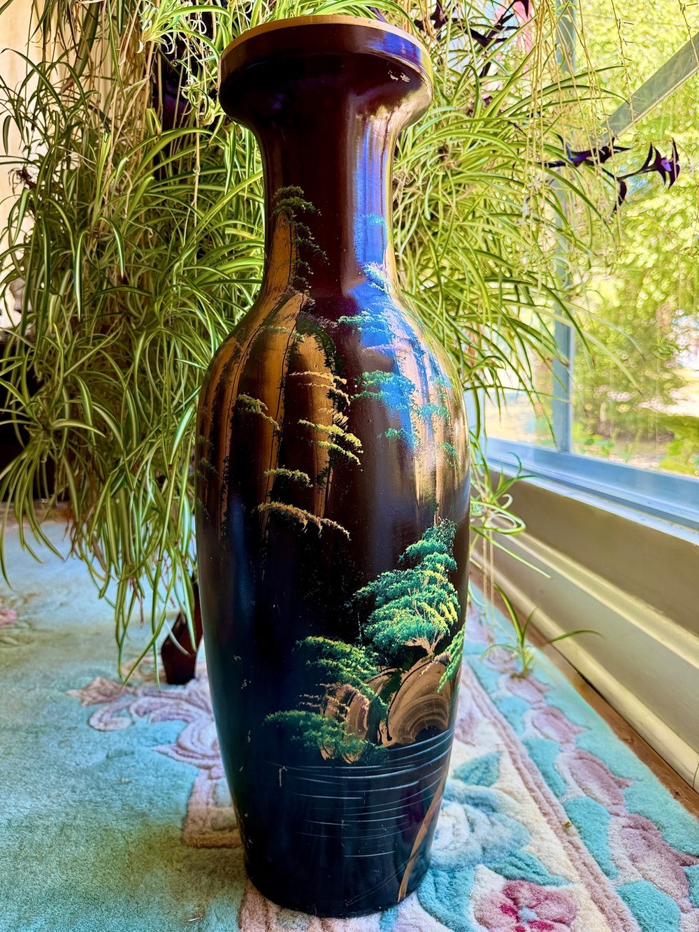 Black Oriental Ceramic Floor Vase with Green Landscape Motif